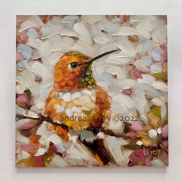 SUNSETS 6x6" Rufous Hummingbird painting, Original impressionistic oil painting on flat panel, bird art. *Note Shipping Information.