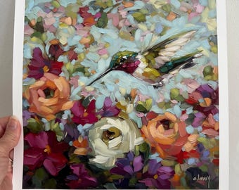 Impresión artística de colibrí "Alegría de Primavera". Hecho a pedido. *NOTA: Detalles de envío.