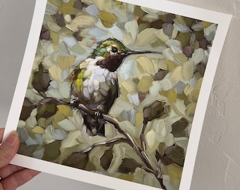 Impresión artística de colibrí: «Verde de envidia», pintura giclée de pájaro