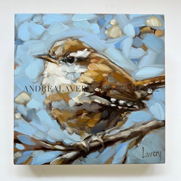 BLUEBERRY SKY. Wren painting. 5x5" on 7/8" raised panel. Original impressionistic wren oil painting *Note Shipping Date