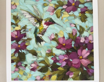 Impresión artística de colibrí "Jardín Alegre". Hecho a pedido. *NOTA: Detalles de envío.