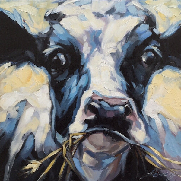 Sunny Daze. Cow painting, Original impressionistic oil painting of a cow by Andrea Lavery, 8x8" on panel, paintings of cows and farm animals