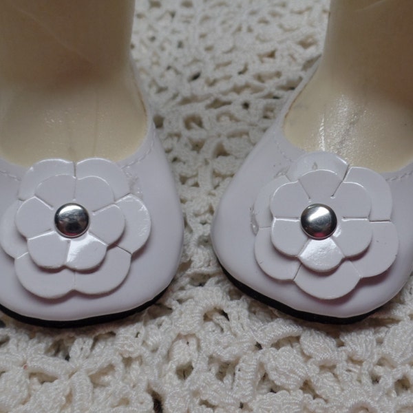 White Patent Leather 18 Inch Doll Shoes with matching Flower bow