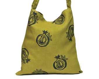 Handprinted Tote Bag, Linen Tote Bag, Reusable Shopper Tote Bag, Green Pomegranate, Linen Shoulder Bag, Foldable Tote Bag, Sustainable Tote