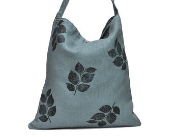 Linen Tote Bag, Reusable Shopper, Sustainable Tote Bag, Handprinted Tote, Grey Leaf, Linen Shoulder Bag, Foldable Tote Bag, Sustainable Bag