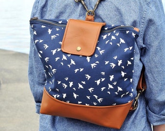 Sac à dos en cuir Sac à dos convertible Sac à dos à bandoulière pour femme Sac à dos de ville Sac à dos universitaire Sac convertible Sac à dos décontracté Navy Birds