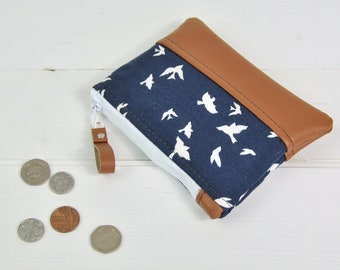 Womens Coin Purse Leather Change Purse Leather Coin Purse Womens Wallet Zipped Pouch Card Holder Gift for Her Ethical Purse Navy Blue Bird