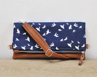 Recycled leather fold over bag crossbody bag clutch purse evening bag clutch purse adjustable bag navy blue bird evening purse gift for her