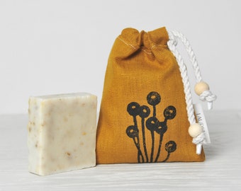 Handprinted Soap Bag, Soap Saver, Linen Soap Bag for Shampoo & Conditioner Bars, Zero Waste Bathroom Accessories, Mustard Yellow, Craspedia