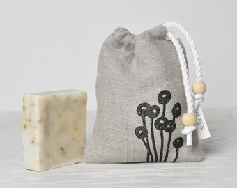 Sac de savon Écologique, Économiseur de savon, Accessoires de salle de bain zéro déchet, Sac de savon en lin, Sac de savon imprimé à la main, Réutilisables de salle de bain, Craspedia, Sans plastique