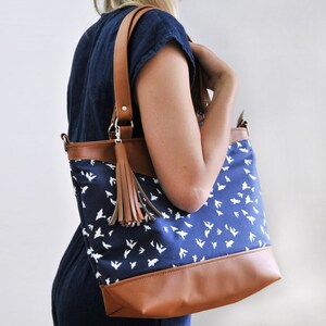 Cross body Bag Leather Shoulder Bag Womens Purse Recycled Leather Handbag Crossbody Bag for Women Diaper Bag Nappy Bag Navy Bag Bird Bag image 3