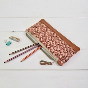 Pencil Case Recycled Leather Pencil Holder Stationary Pouch Pen Holder Make up Bag Red Japanese Wave Leather Pouch Cosmetic Bag Leather Bag
