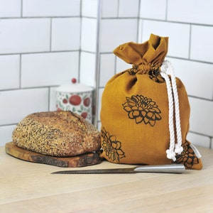 Reusable Bread Bag Linen Bread Bag Bag for Sourdough Homemade Bread Bag Handprinted Bread Bag Produce Bag Food Storage Bag Mustard Yellow