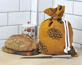 Reusable Bread Bag Linen Bread Bag Bag for Sourdough Homemade Bread Bag Handprinted Bread Bag Produce Bag Food Storage Bag Mustard Yellow