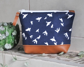 Small Make up Bag Womens Toiletry Bag Leather make up Bag Cosmetic Bag Makeup Pouch Brush Holder Recycled Leather Zipped Pouch Navy Bird