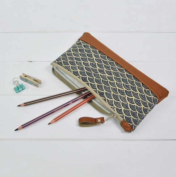 Recycled Brown Leather Pencil Case Zipped Pouch Accessory Bag