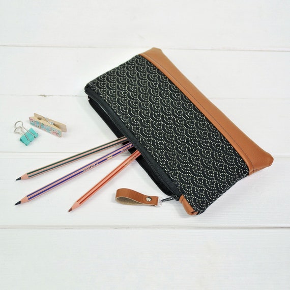 Pencil Case Black Japanese Wave Pen Holder Zipped Pouch Recycled Leather  Accessory Bag Stationery Holder Coin Purse Brush Holder Makeup Bag 