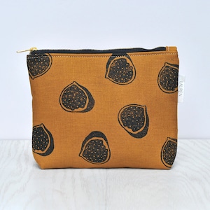 Womens Toiletry Bag, Linen make up Bag, Womens Washbag, Fig print Wash bag, Handprinted Bag, Cosmetic Bag, Sustainable Make up Bag for Women