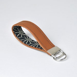 Leather Keychain Keyfob Recycled Leather Keychain Gift for Men Leather Keyfob Japanese Fabric Blue Keychain Sustainable Gift for Him