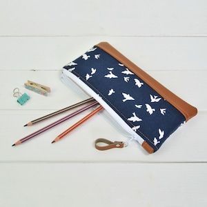 Leather Pencil Case Zipped Pouch Accessory Bag Pencil Pouch Stationery Holder Coin Purse Wallet Blue Navy Japanese Wave Recycled Leather