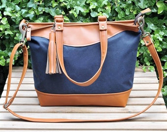 Large Leather Shoulder Bag for Women Crossbody Handbag in Navy Wax Canvas Waterproof Shoulder Bag Women's Leather Handbag Recycled Leather