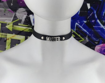 Choker Genuine Leather - Choker Collar Black Leather Choker with metal letters MASTER