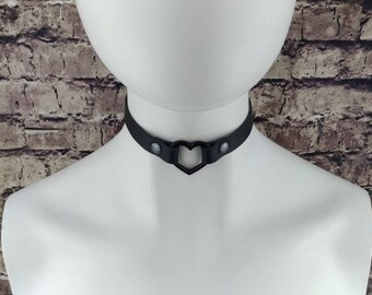 Heart choker genuine leather - choker collar black leather heart choker with black heart ring