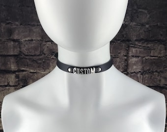 Choker Genuine Leather - Choker Collar Black Leather Choker with metal letters Custom word