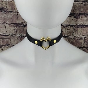 Heart choker genuine leather - choker collar black leather heart choker with gold heart ring with cat ears devil horns