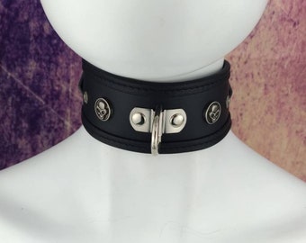 Choker genuine leather - 2" choker collar black leather with silver D rings and skull studs