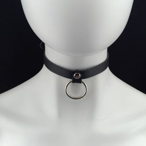 O ring choker genuine leather - choker collar black leather choker with silver hanging O ring