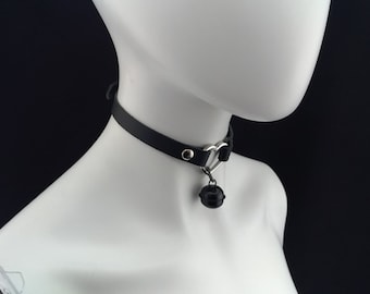 Choker Genuine Leather - Choker Collar Black Leather Heart Ring and Black Jingle Bells