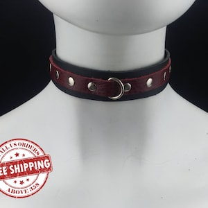 Choker Genuine Leather - Choker Collar Dual Color Leather Choker with Mini D ring and rivets