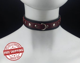 Choker Genuine Leather - Choker Collar Dual Color Leather Choker with Mini D ring and rivets