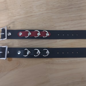 Peut inclure: Deux colliers de serrage en cuir noir avec boucles et anneaux argentés. L'un a un accent rouge avec des anneaux argentés, l'autre un accent noir avec des anneaux argentés. Les deux ont des trous de réglage.