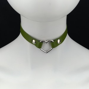 Choker Genuine Leather - Choker Collar Olive Green Leather Heart Choker with Silver Heart Ring