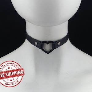 Black Metal Heart Choker Genuine Leather - Black Leather Heart Choker with Black Heart Ring