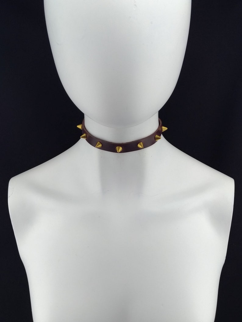 Small fashion choker collar dark red leather with small flat gold spikes Delicate choker genuine leather
