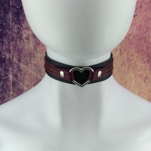 Choker genuine leather - Black and Burgundy double layer leather choker with heart ring (for metal allergies)