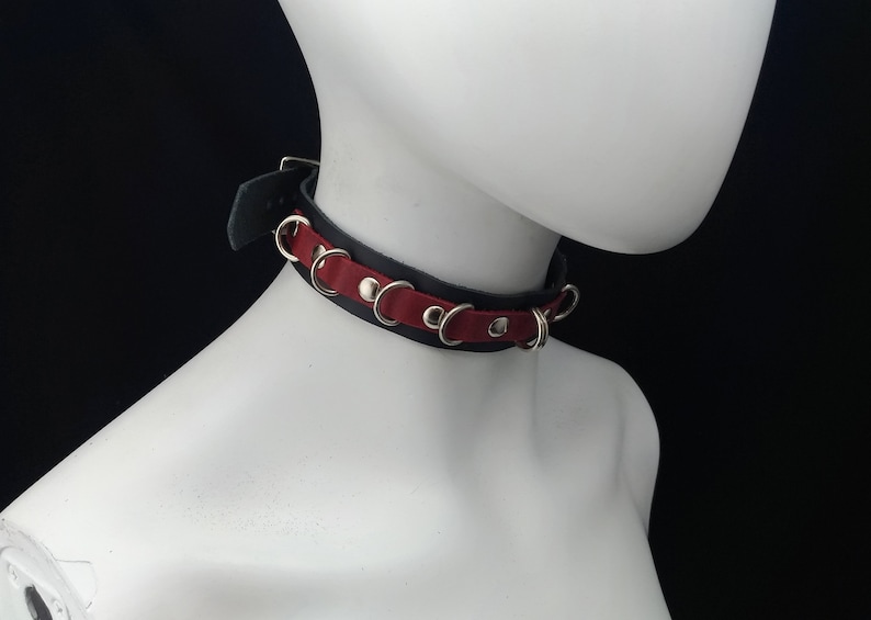 Choker Genuine Leather Choker Collar Simple Black & Red Leather Choker with mini D Rings image 3