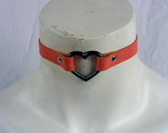 Choker Genuine Leather - Choker Collar Pink Leather Choker with Black Heart Ring