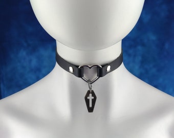 Heart ring choker genuine leather - choker collar black leather choker with silver Heart ring & small black with white sparkle coffin charm