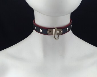 Choker Genuine Leather - Choker Collar Simple Black and red leather D ring choker with rivets