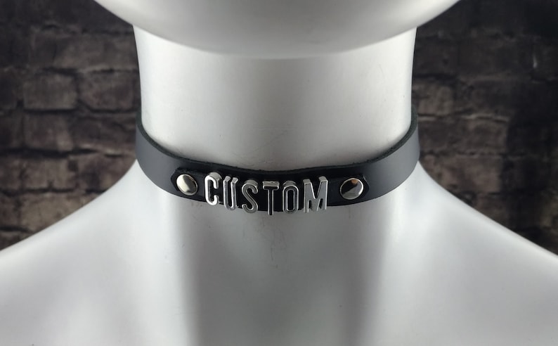 Choker Genuine Leather Choker Collar Black Leather Choker with metal letters Custom word image 5