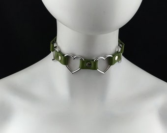 Heart Choker Genuine Leather - Choker Collar Quad Heart Olive Green Leather Choker with Silver Heart Rings