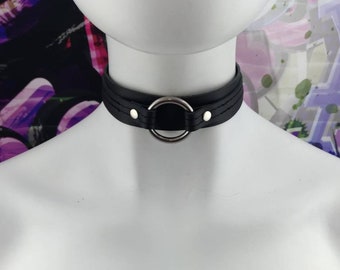 Choker Genuine Leather - All black double layer leather choker with Stainless Steel O Ring (for metal allergies)