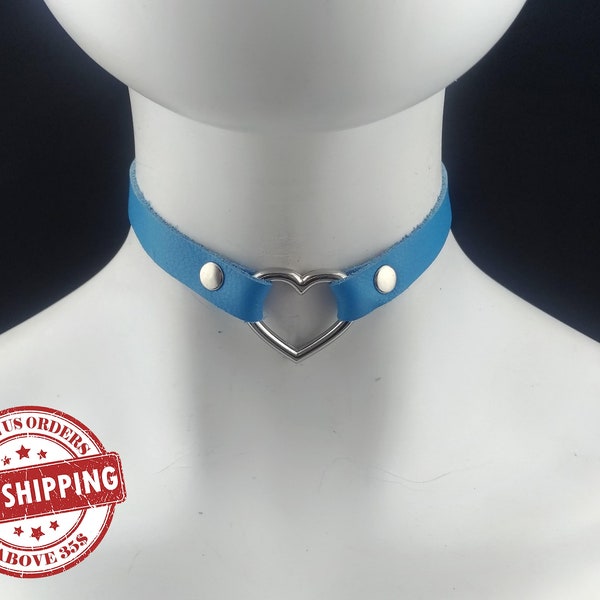 Choker Echt Leer - Blauw Lederen Hart Choker met Zilveren Hartring