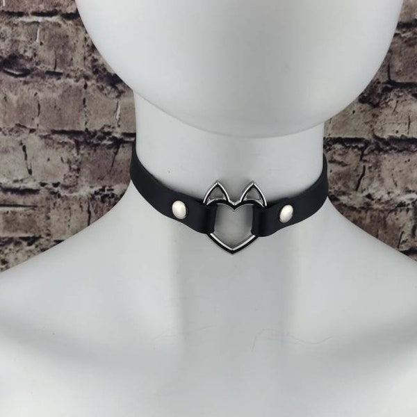 Heart choker genuine leather - choker collar black leather heart choker with silver heart ring with cat ears devil horns