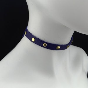 Thin choker genuine leather - Small fashion choker collar dark purple leather with small gold rivets