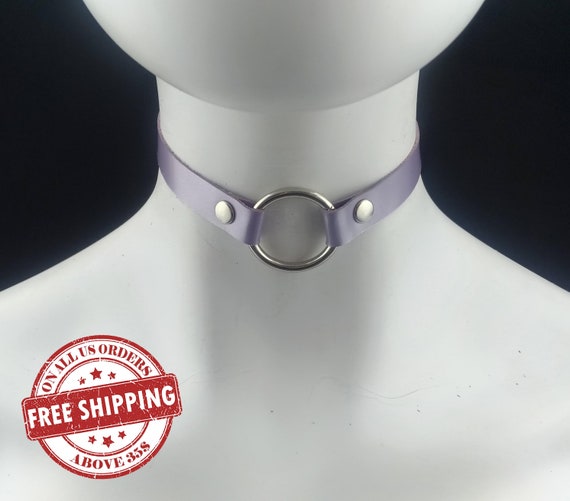 Choker Genuine Leather Shiny Purple Leather Choker with Silver O Ring